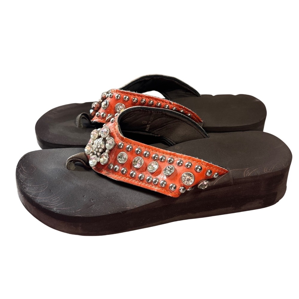 Montana West Womens 9 Orange Studded Rhinestone Platform Flip Flops Y2K Rodeo